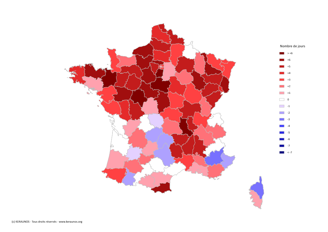 Carte Anomalie du nombre de jours avec orage (moyenne 2009-2015)