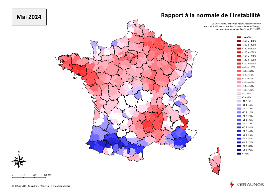 Carte Ecart à la normale de l'instabilité latente - (MUCAPE)