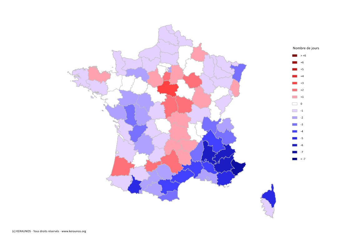 Carte Anomalie du nombre de jours avec orage (moyenne 2009-2015)