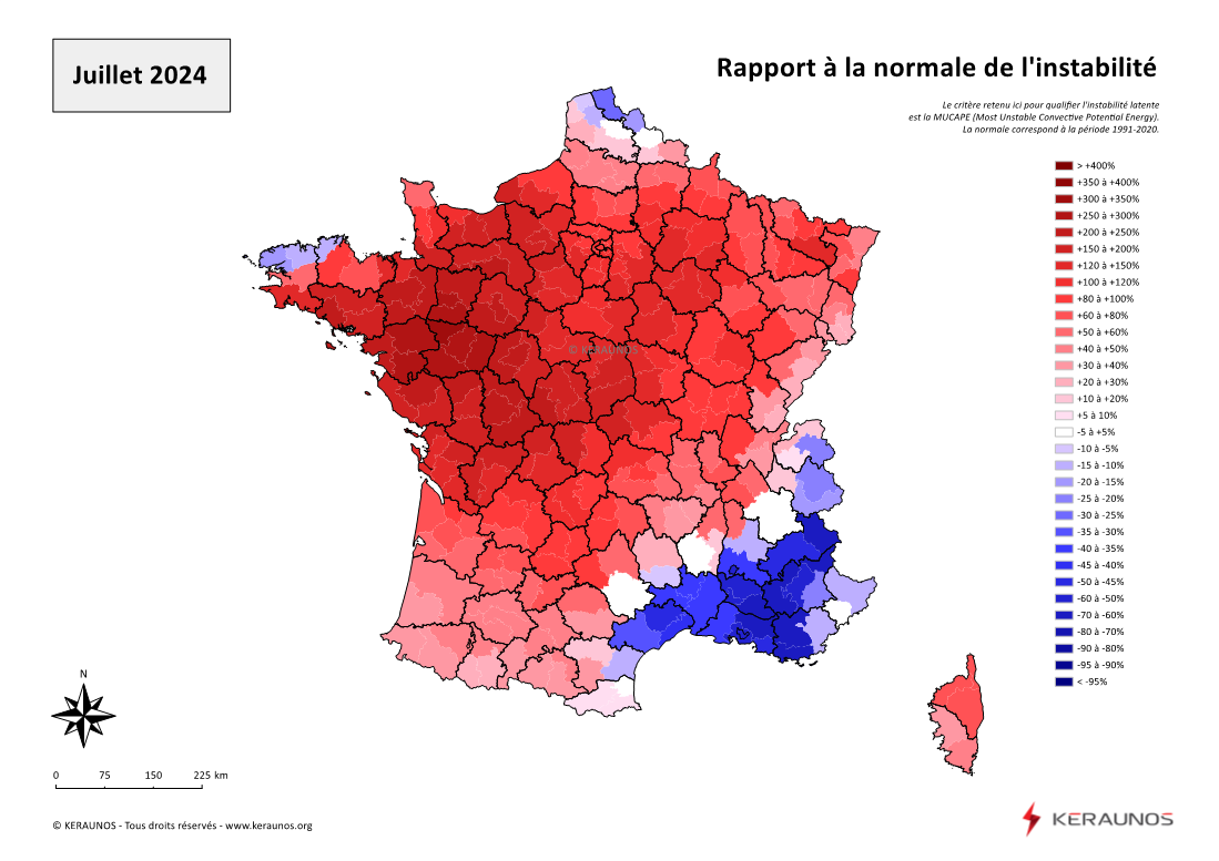 Carte Ecart à la normale de l'instabilité latente - (MUCAPE)