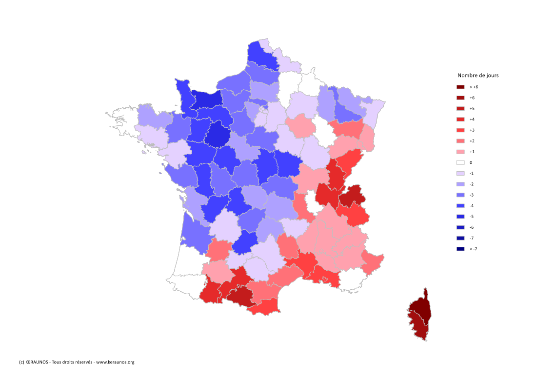 Carte Anomalie du nombre de jours avec orage (moyenne 2009-2015)