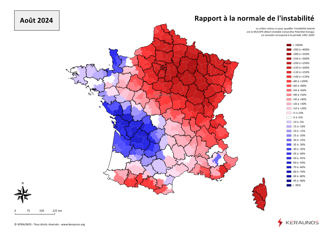 Carte Ecart à la normale de l'instabilité latente - (MUCAPE)