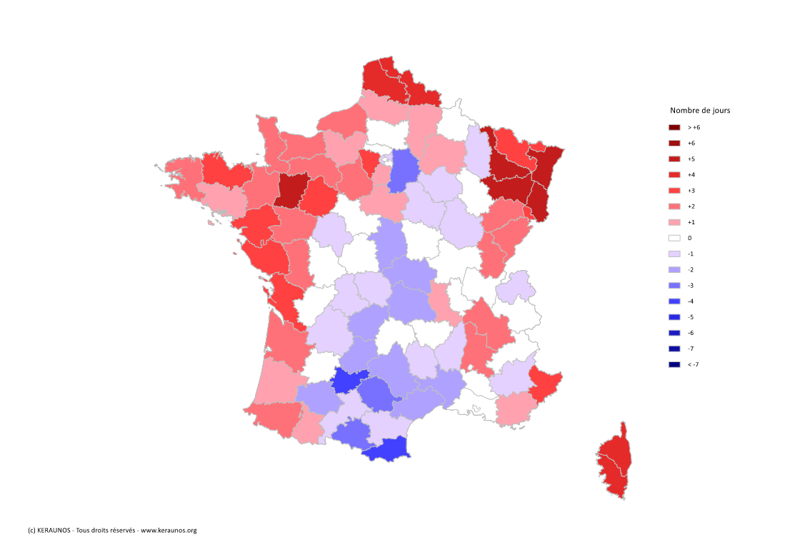 Carte Anomalie du nombre de jours avec orage (moyenne 2009-2015)