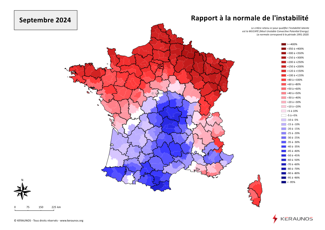 Carte Ecart à la normale de l'instabilité latente - (MUCAPE)