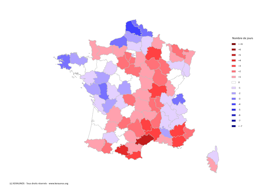 Carte Anomalie du nombre de jours avec orage (moyenne 2009-2015)