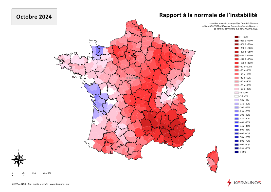 Carte Ecart à la normale de l'instabilité latente - (MUCAPE)