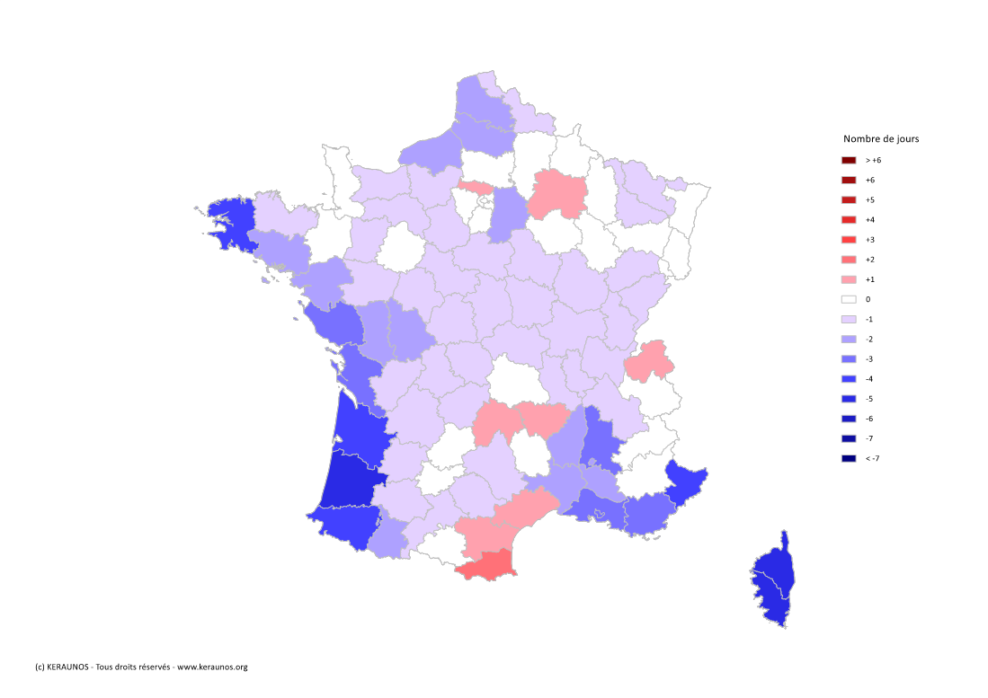 Carte Anomalie du nombre de jours avec orage (moyenne 2009-2015)