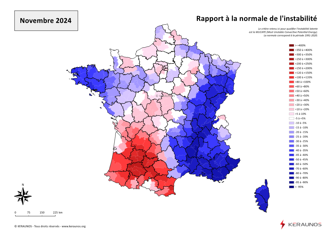 Carte Ecart à la normale de l'instabilité latente - (MUCAPE)