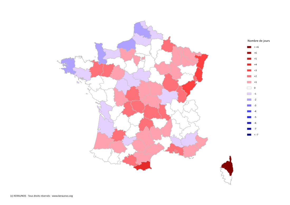 Carte Anomalie du nombre de jours avec orage (moyenne 2009-2015)