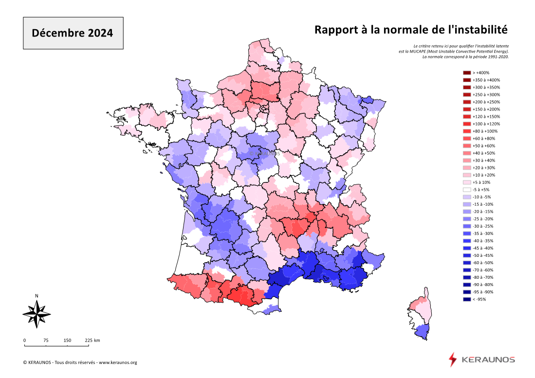 Carte Ecart à la normale de l'instabilité latente - (MUCAPE)