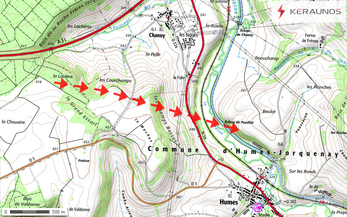 Trajectoire de la tornade EF1 de Chanoy (Haute-Marne) du 7 mai 2014. © Keraunos (fond de carte : Géoportail)