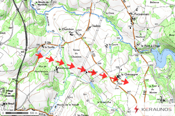 Trajectoire de la tornade EF0 de Laurière (Haute-Vienne) du 27 février 2014. © Keraunos (fond de carte : Géoportail)