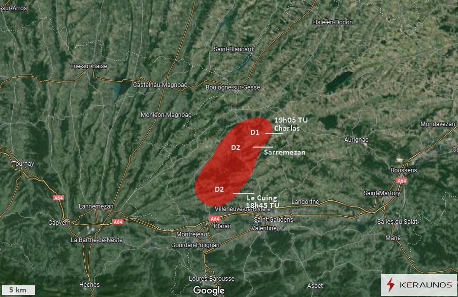 Macrorafale d'intensité modérée (D2) en Haute-Garonne le 13 août 2022