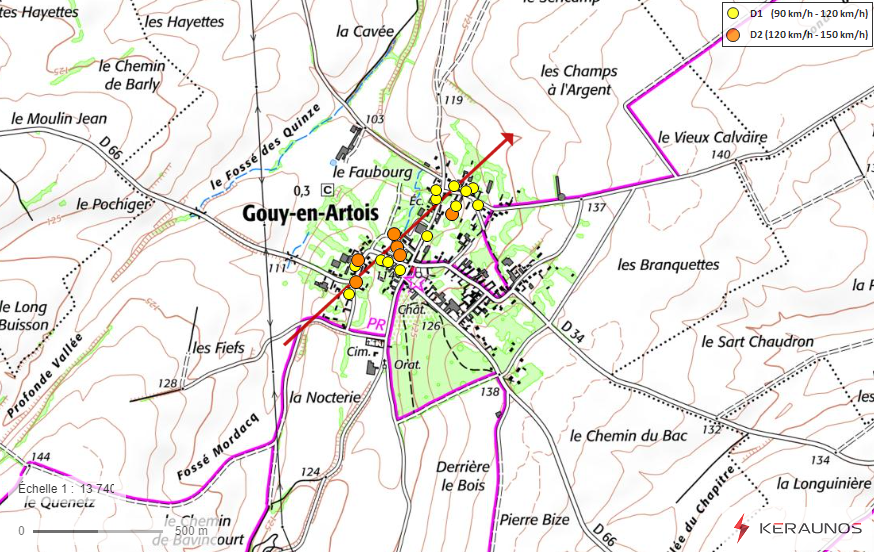 Microrafale d'intensité modérée (D2) à Gouy-en-Artois (Pas-de-Calais) le 8 avril 2024